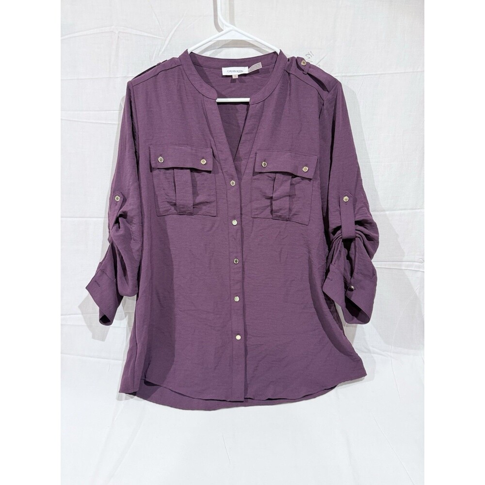 Calvin Klein Henley Roll Sleeve V-neck Size Medium Plum Color Gold Buttons